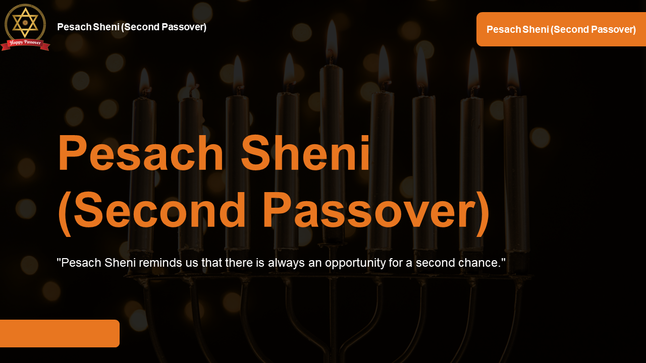 Slide deck with orange accents discussing pesach sheni, its meaning, observance, significance, and cultural impact.