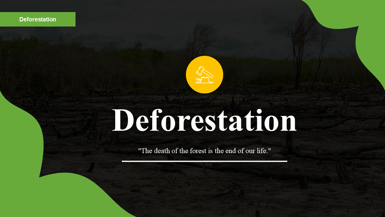 Deforestation-themed slide deck with dark forest background, yellow icon of a chainsaw, and green abstract border design.