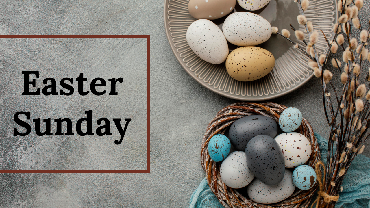 Easter Sunday slide deck with earthy tones, featuring eggs, crosses, and sections on history, symbols, and traditions.