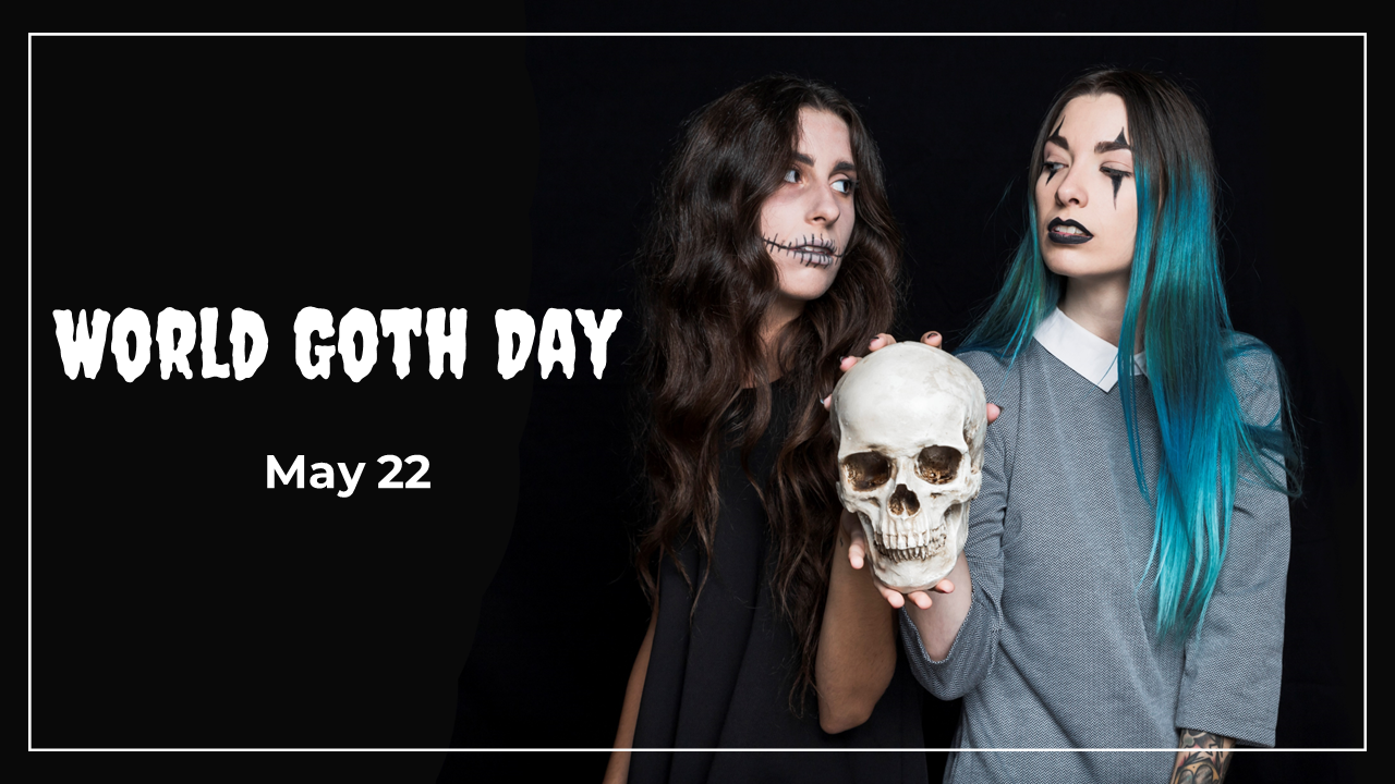 World goth day slide deck with dark-themed imagery, featuring goth figures, skulls, and gothic fashion.