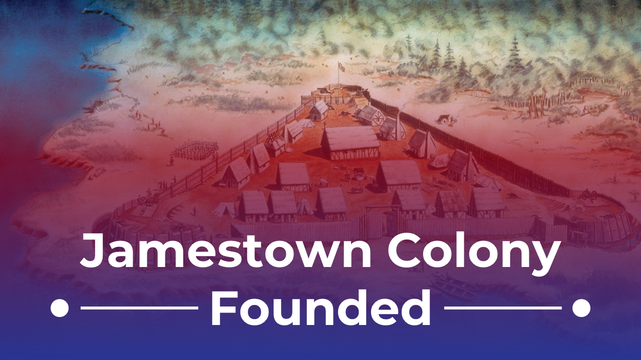 Illustration of Jamestown Colony slide deck with a fortified settlement, tents, and wooden structures, overlaid with text.