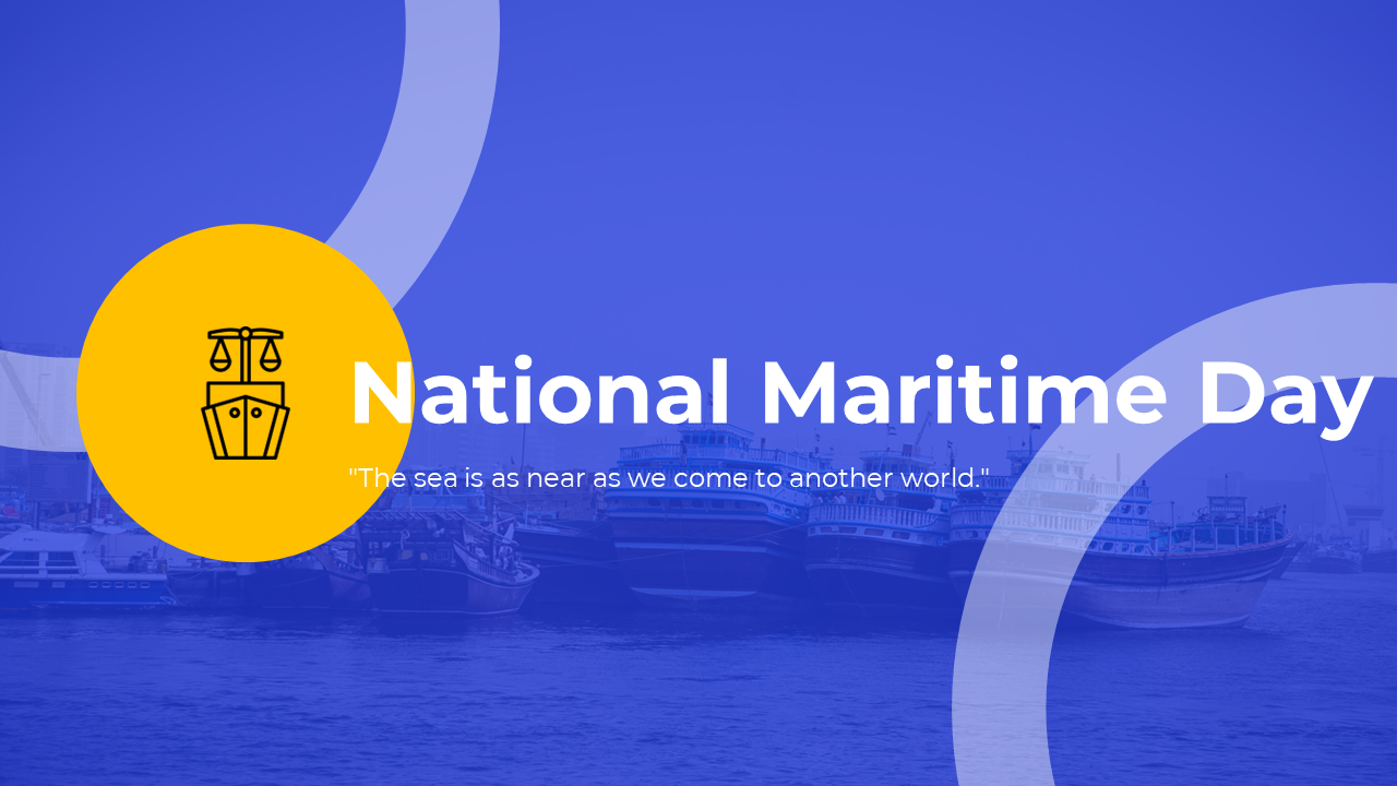 National maritime day, slide deck highlighting various maritime images, blue and yellow themed text boxes. 