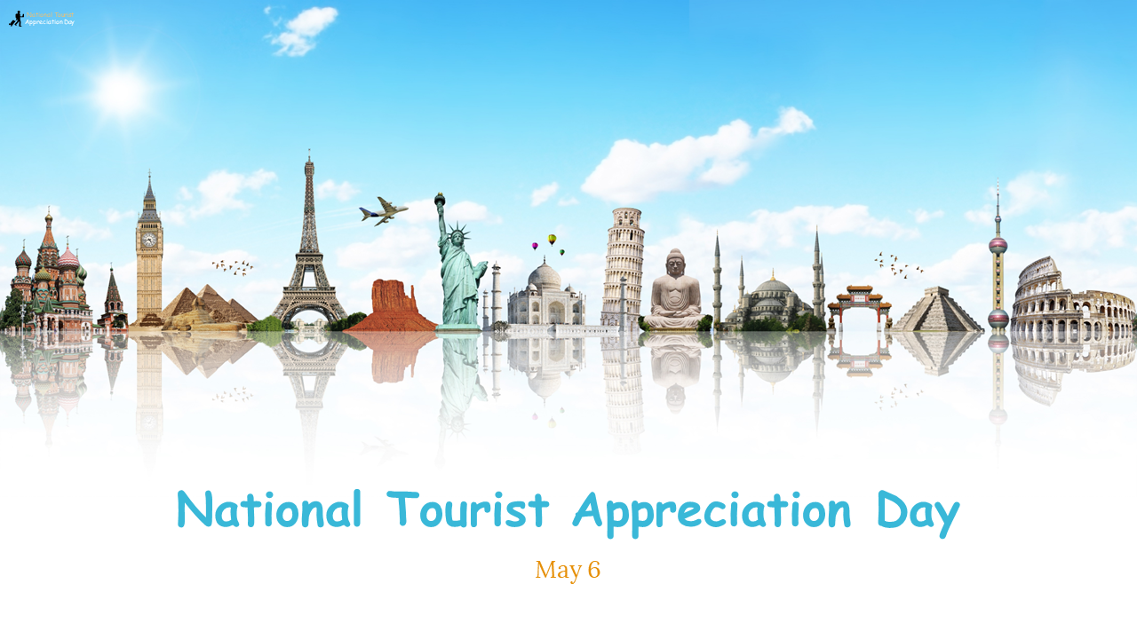 Travel themed slide deck featuring global landmarks, tourists, and tips on celebrating the day, with blue accents.