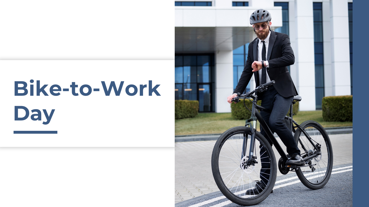 Informative slides discussing the significance of Bike to Work day including safety tips and community events with images.