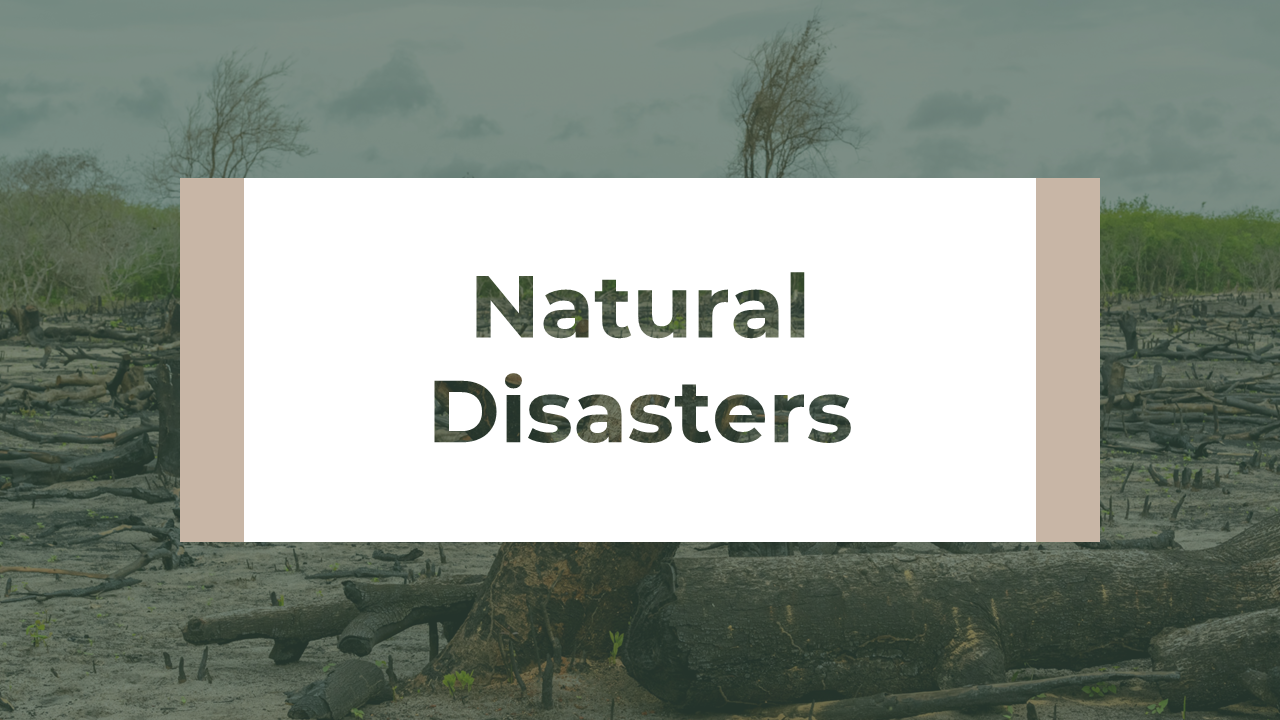 Natural disasters slide deck with earthy tones, covering earthquakes, hurricanes, floods, droughts, and wildfires.