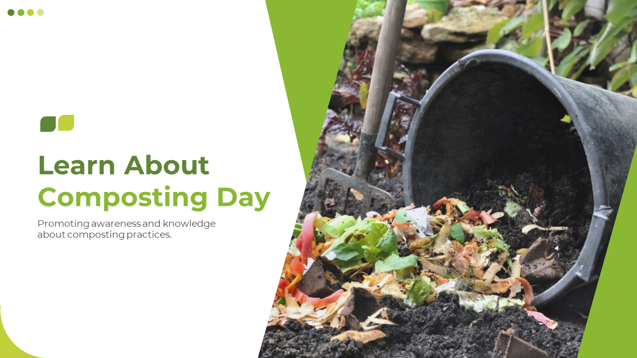 Slide deck featuring images of composting methods, benefits, and troubleshooting tips, with green accents.