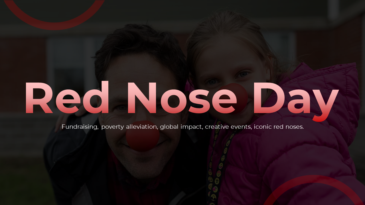 Slide deck on red nose day, displaying sections from introduction to success stories, illustrated with photos of people. 