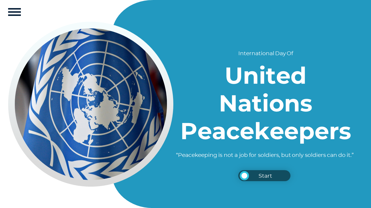 A pack of international day of united nations peacekeepers slides featuring various topics and text on a blue theme.