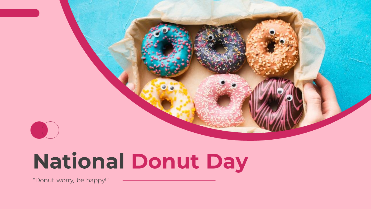 Slide deck with pink highlights featuring images of donuts, health benefits, energy sources, and celebration ideas.