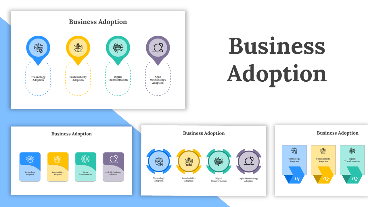 Slides showcasing the concept of business adoption with graphical elements and different layout designs with icons.