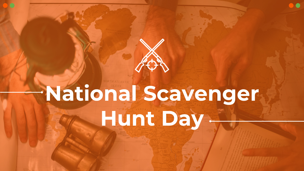 Orange theme national scavenger hunt day slides showcasing activities, benefits, and engaging images and text.