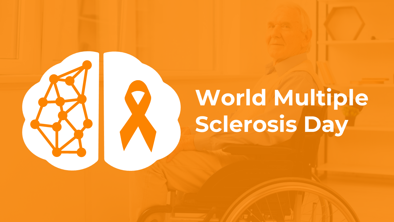 World multiple sclerosis day slide deck cover with an orange theme and slide previews about MS awareness and information.