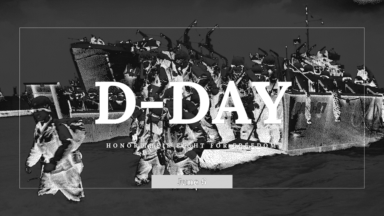 D day slide deck featuring key events and military leaders, using historical photographs, in monochrome theme.