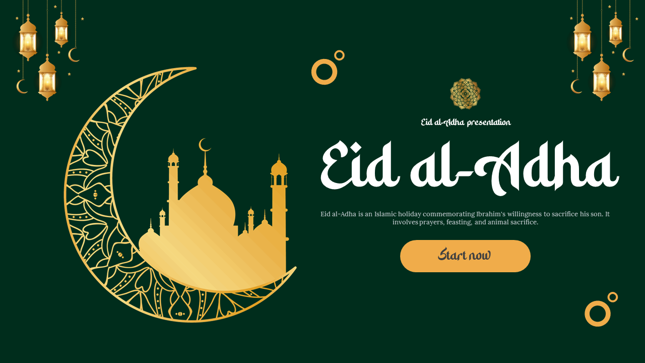 Green and gold Eid al-Adha slides featuring history, rituals, food, decorations, and charity, with Islamic imagery.