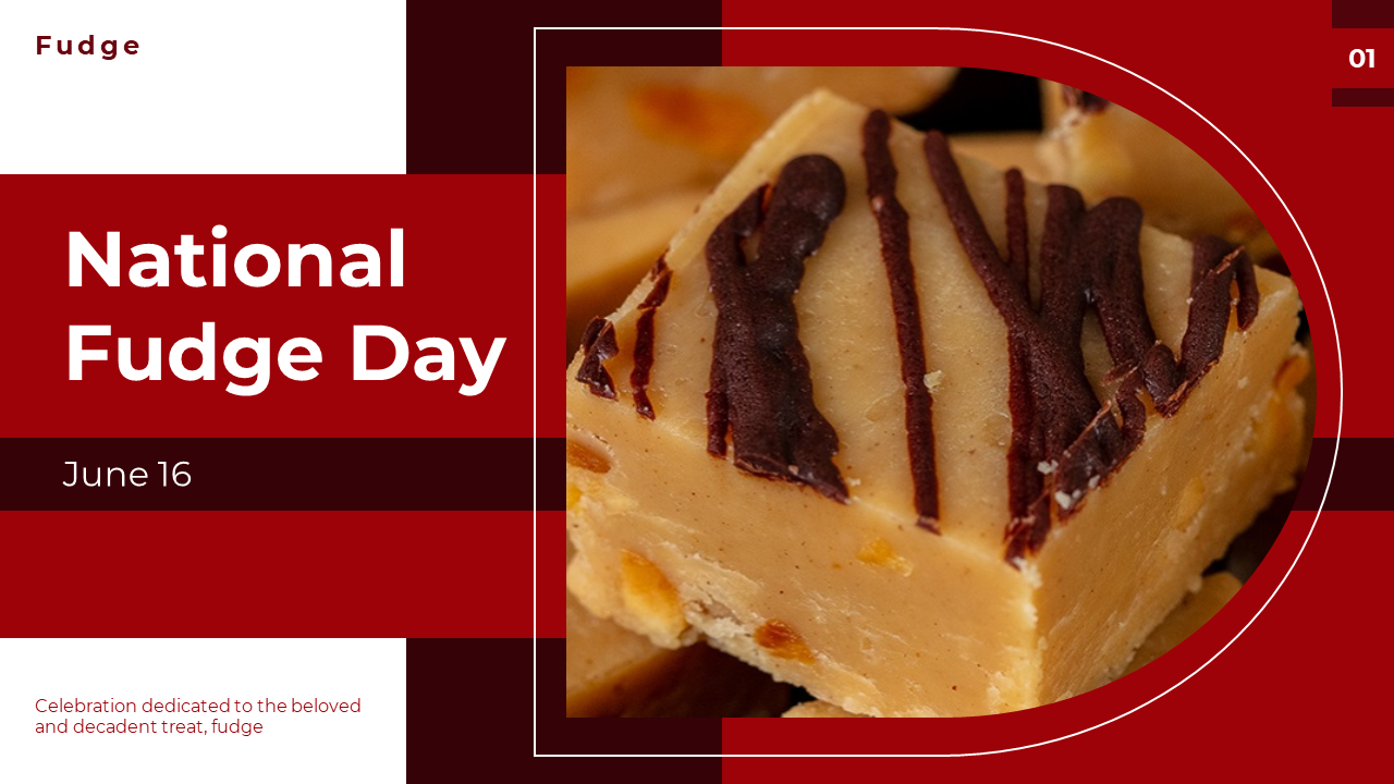 National fudge day cover slide deck with a close-up image drizzled with chocolate, set against a red-themed background.