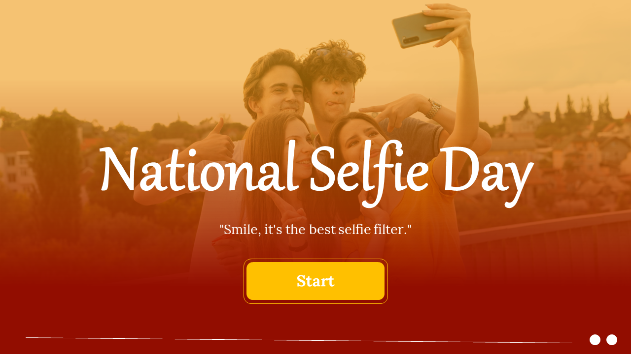 Slide deck with red and yellow theme, featuring images of people taking selfies, covering the history and benefits.