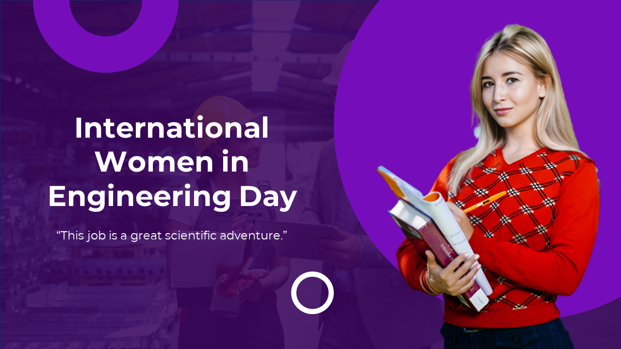 International women in engineering day slides with purple theme, highlighting achievements and closing the gender gap.