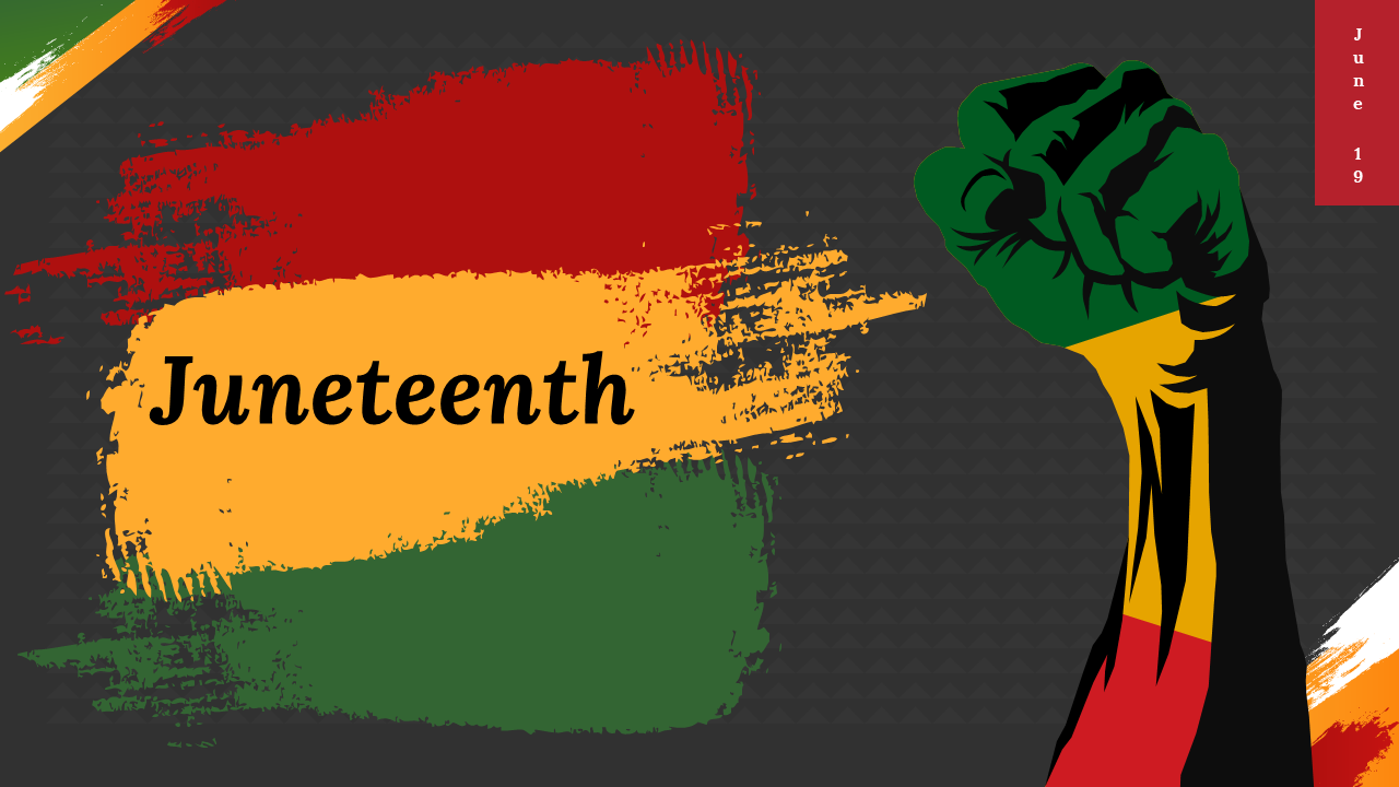 Juneteenth slide pack with red, yellow, and green elements, featuring fists, chains, cultural symbols, and dark backgrounds.