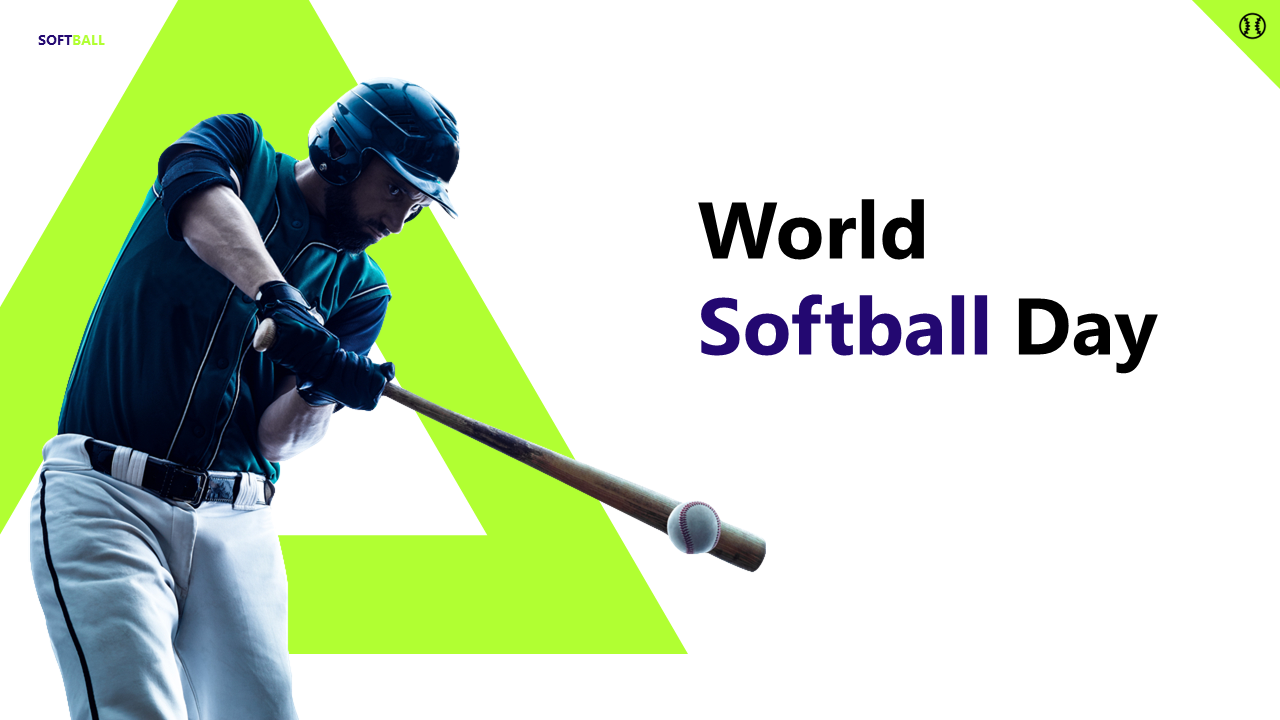 World softball day slide deck with a green and purple theme, featuring images of players and sections on history and rules.