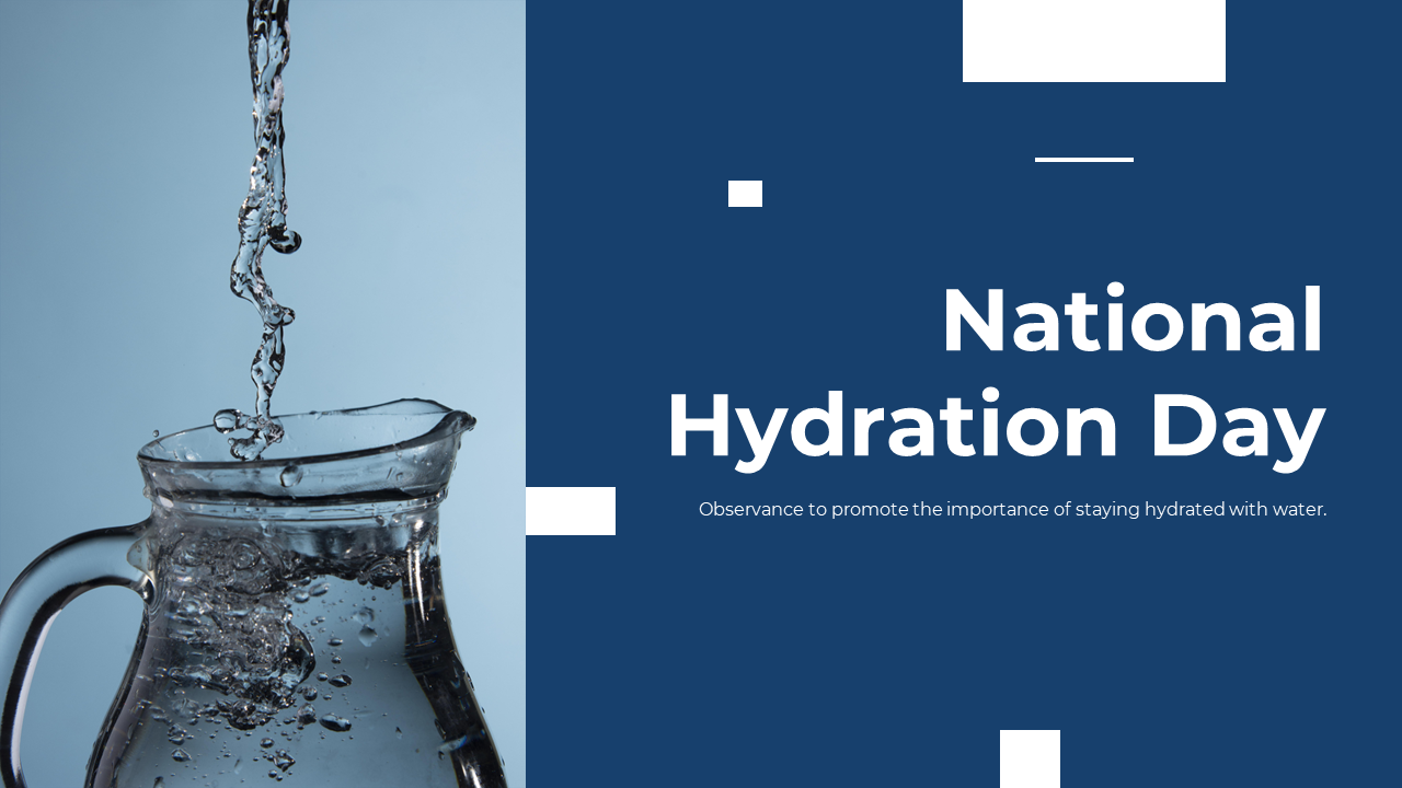 Pack of slides showcasing hydration benefits, with visuals of water drinking in blue and white accents.