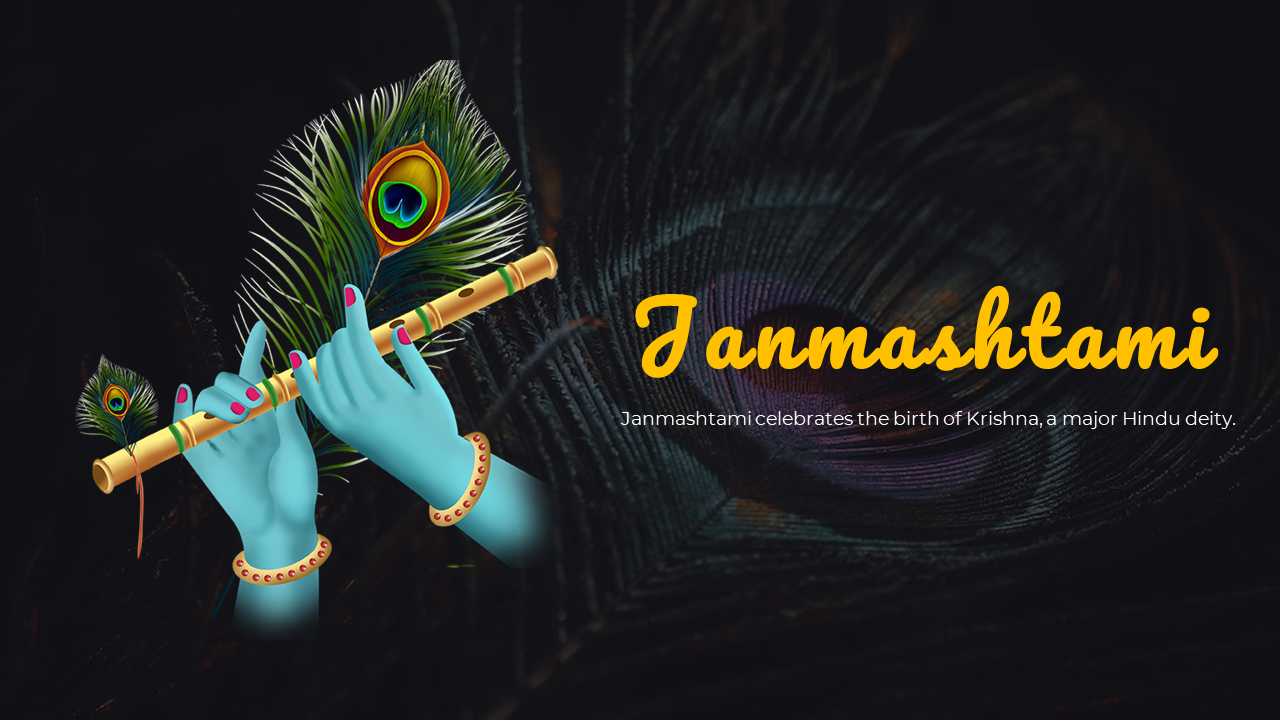 Slide deck on Janmashtami with vibrant visuals of Lord Krishna, peacock feathers, and traditional celebrations.