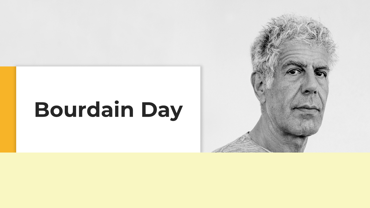 Slide deck showcasing Anthony Bourdain’s culinary heroes, storytelling, and impact on the global food community.