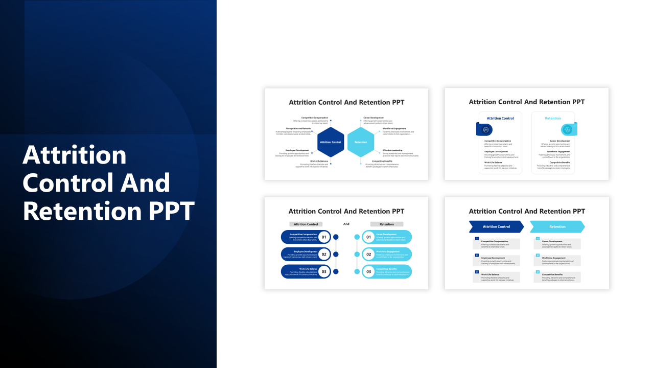 Blue and turquoise slide deck discussing attrition control and employee retention with various informative layouts.