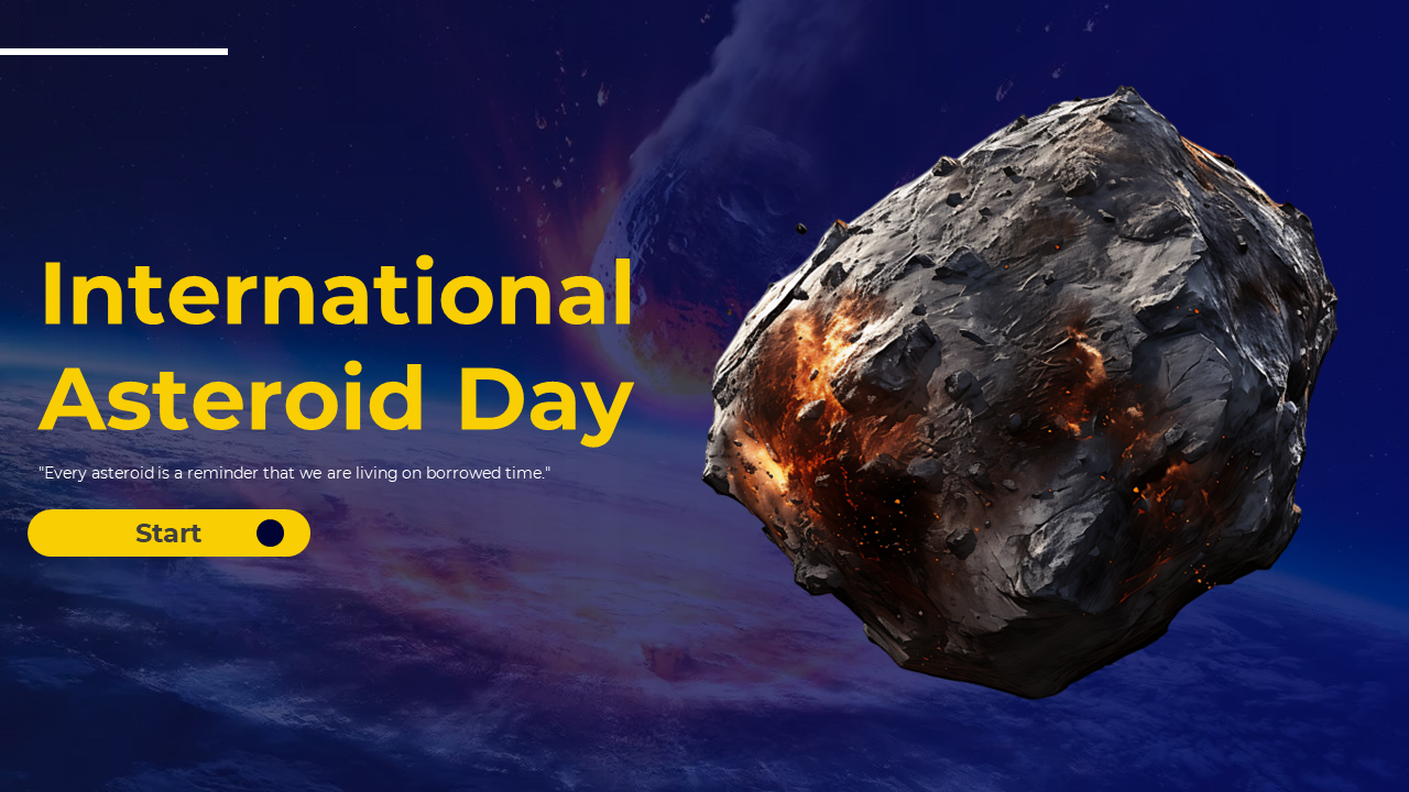 Engaging slide deck for International Asteroid day, highlighting asteroid history, benefits, planetary defense, and ideas.