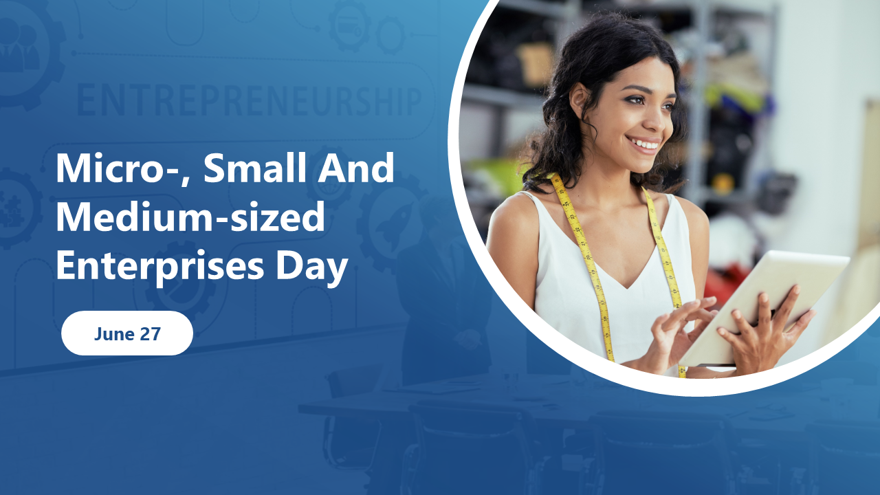 Enterprises day slide deck with blue accents, featuring professional images, icons, and text boxes with informative layouts.