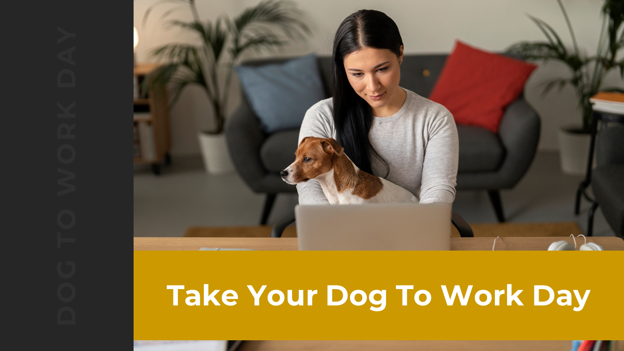 Slide deck for take your dog to work day, featuring sections on history, benefits, policies, with images of activities. 