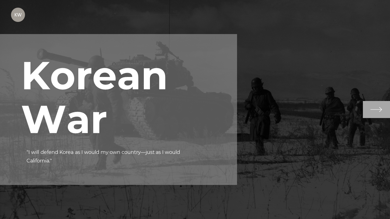 Monochrome slide deck on the Korean war with timeline, background, causes, and military strategies sections.