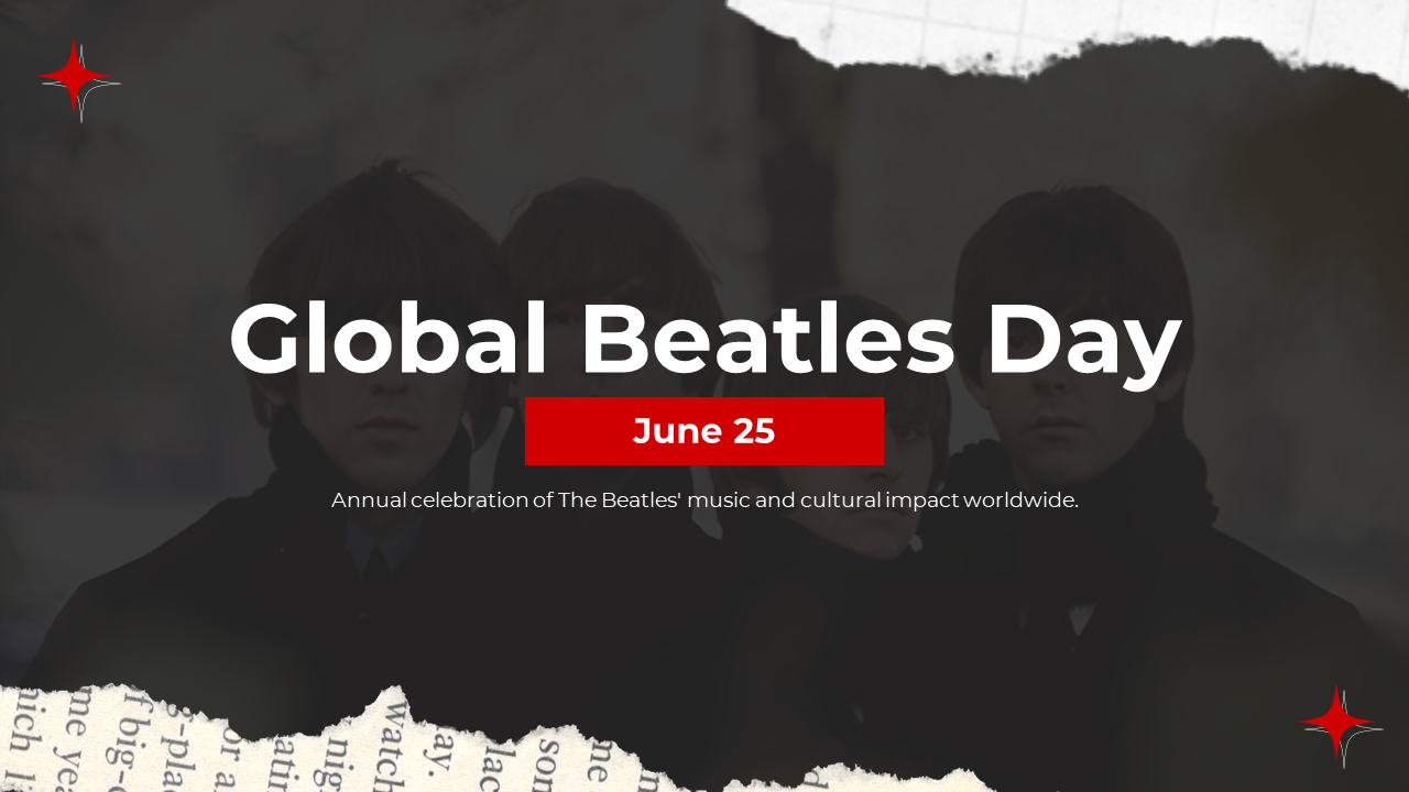 Beatles themed slide pack with black and white photos, red details, and segments on musical influence, members, and history.