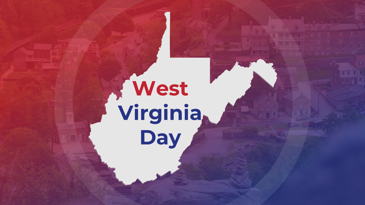 West Virginia day slide deck with red, white, and blue theme, showcasing state history, landmarks, and natural resources.