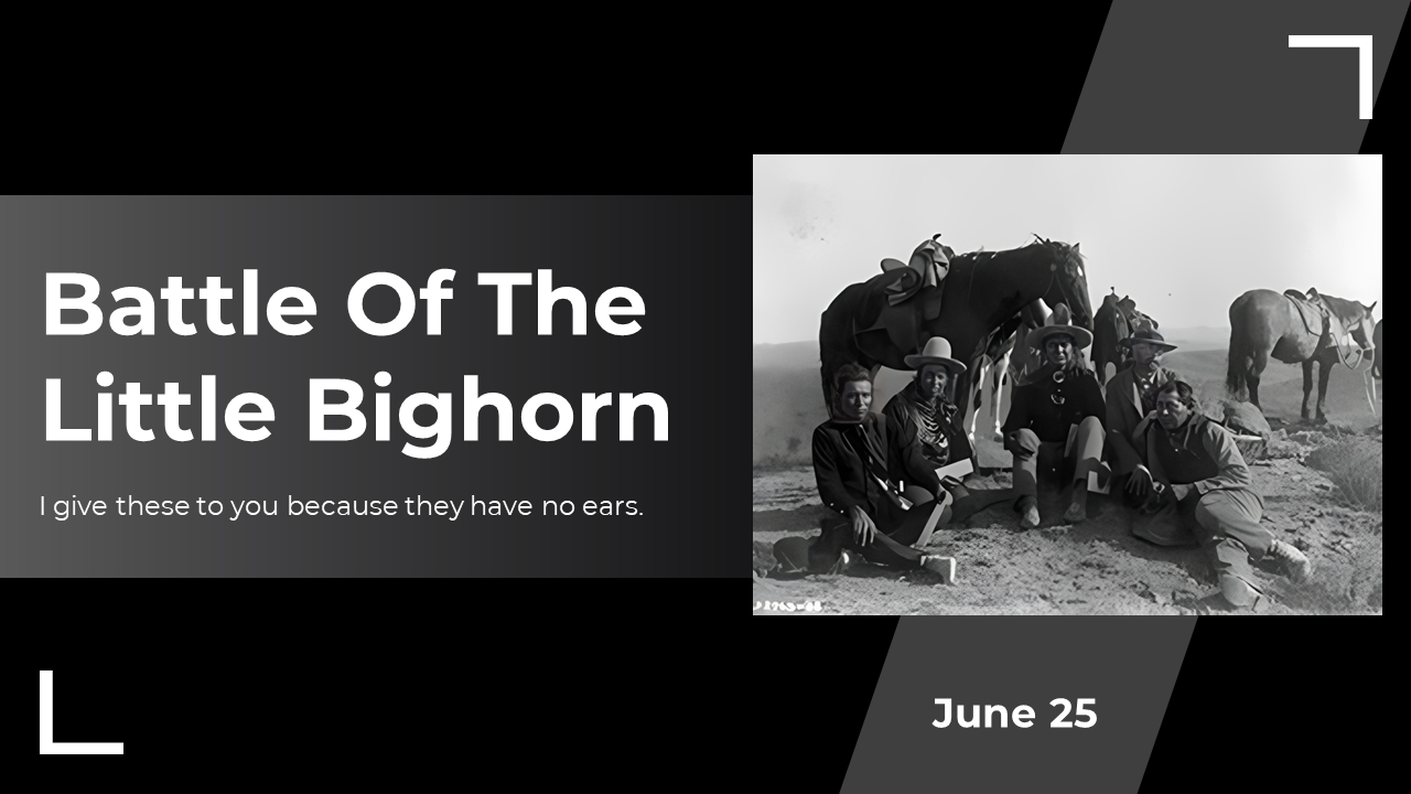 Battle of the little bighorn slides detailing the historical event with many sections highlighted by historical images.