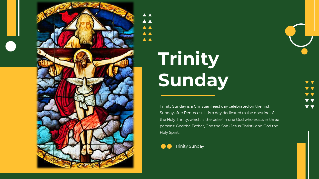 Slide deck on Trinity Sunday with stained glass art, in green and yellow color scheme, and text on Christian theology.