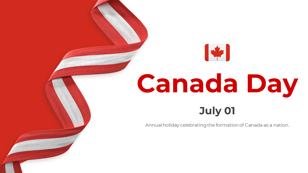 A pack of red themed canada day slides highlighting the history, traditions, and activities with images and descriptions.