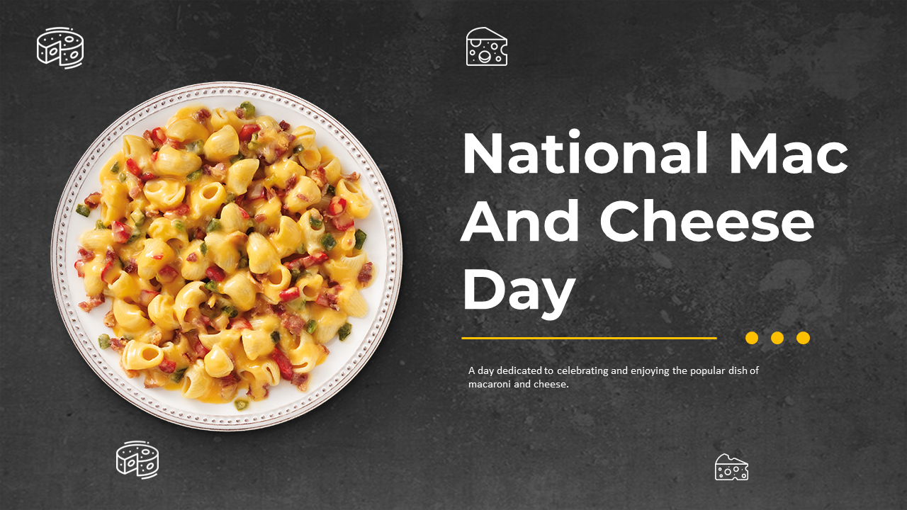 Slide deck with black and yellow theme, highlighting various mac and cheese styles, history, and its role as comfort food.