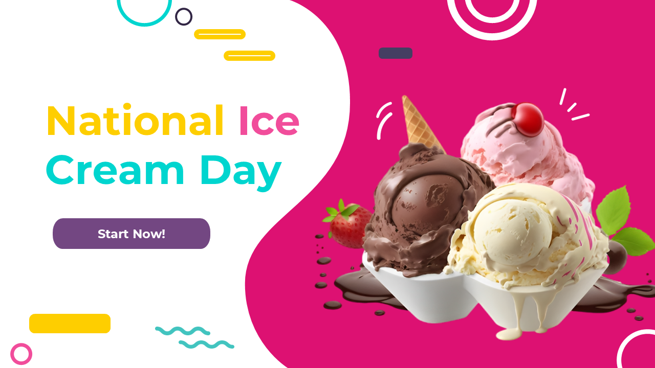 National ice cream day slide deck with vibrant colors, featuring images and content on  flavors, culture, and history.