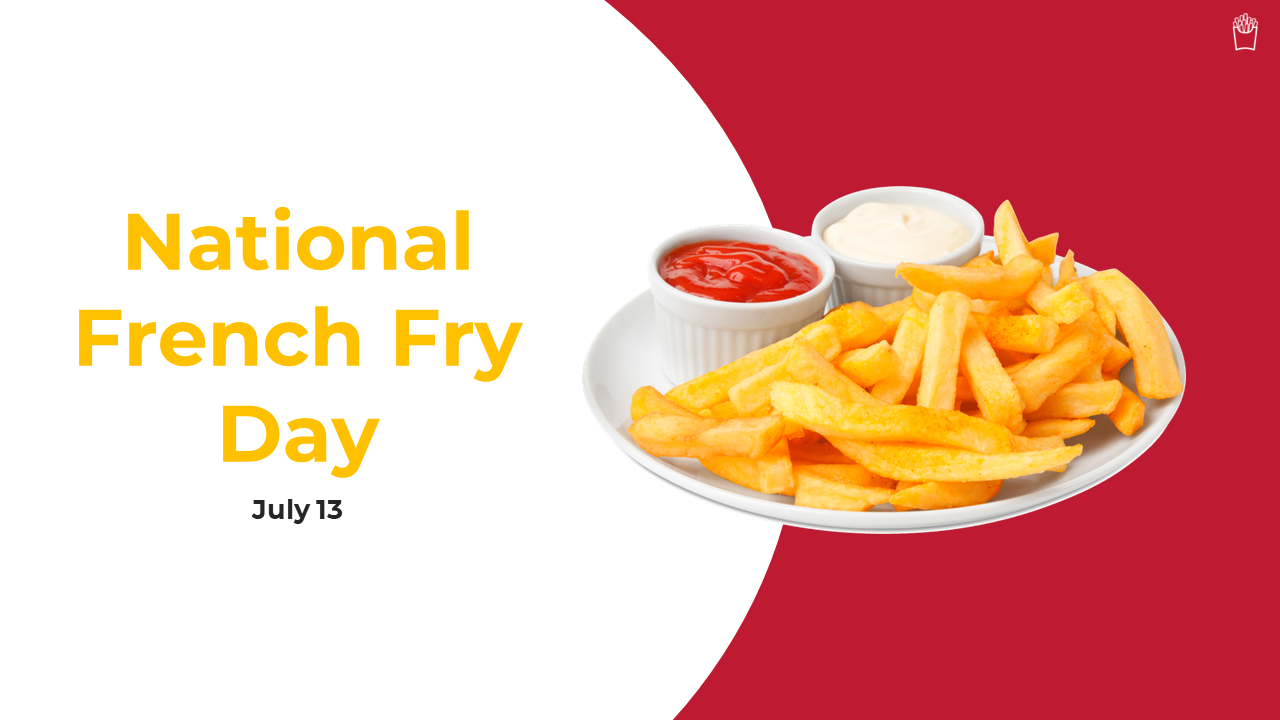 National French fry day presentation slide deck featuring a plate of fries with ketchup and mayonnaise.