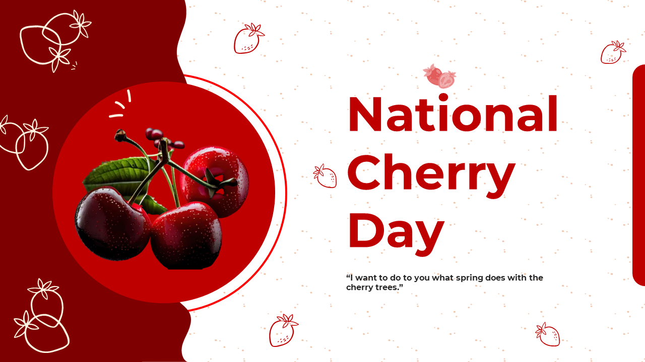 Red and white themed slide deck with images of cherries, highlighting the history, varieties, and health benefits.