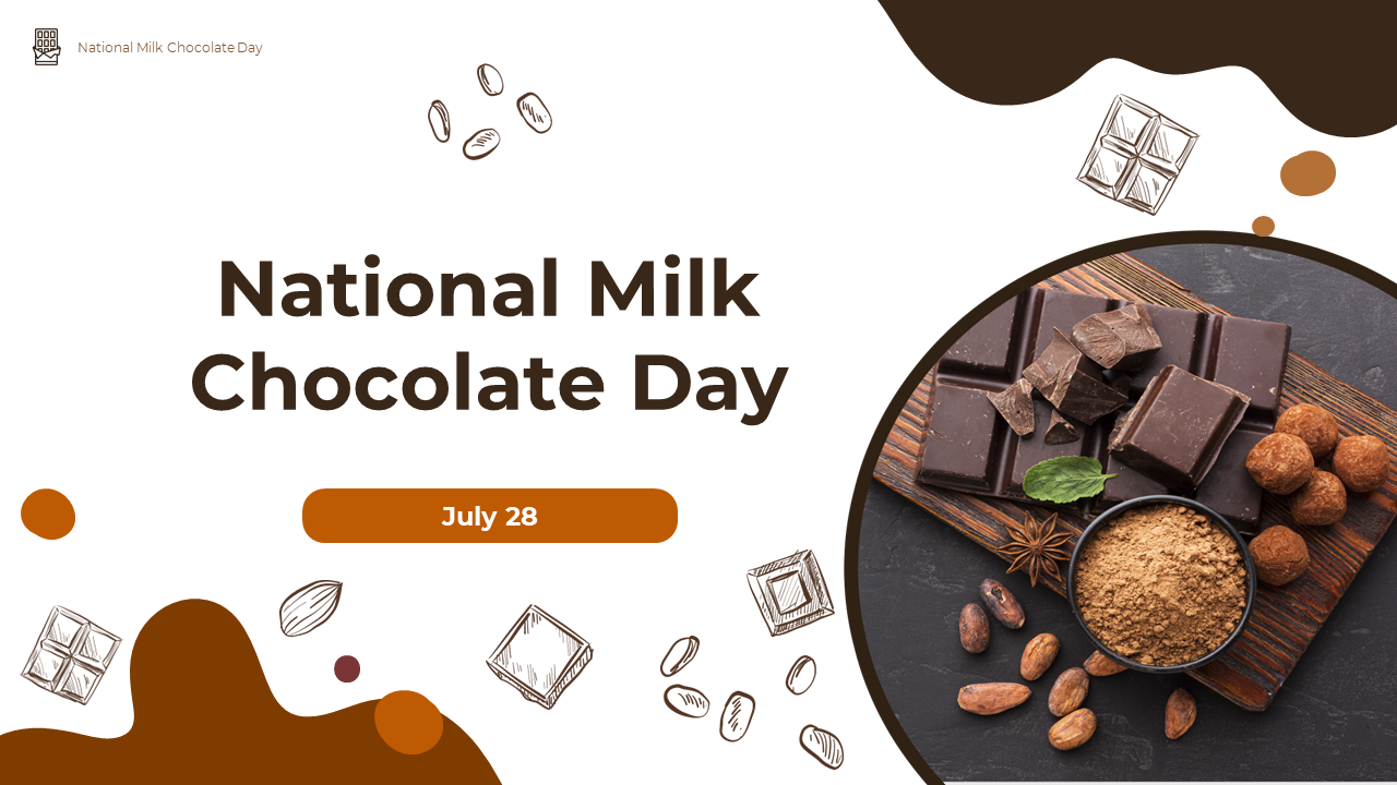 National milk chocolate day slide deck with chocolate pieces and other ingredients featuring sections and placeholders.