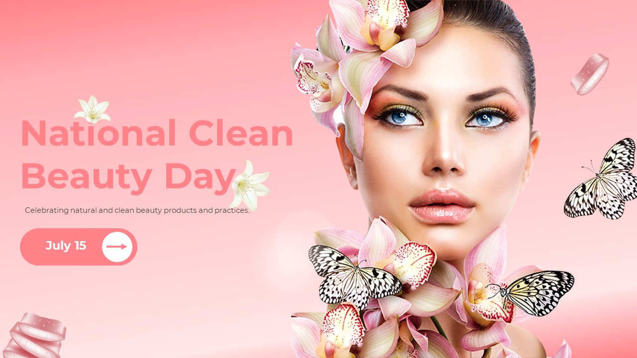 A pack of national clean beauty day slides featuring skincare tips, and natural beauty routines on a pink background.