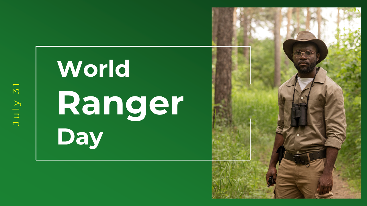 Slides dedicated to world ranger day, highlighting ranger roles, challenges, and community partnerships on a green theme.