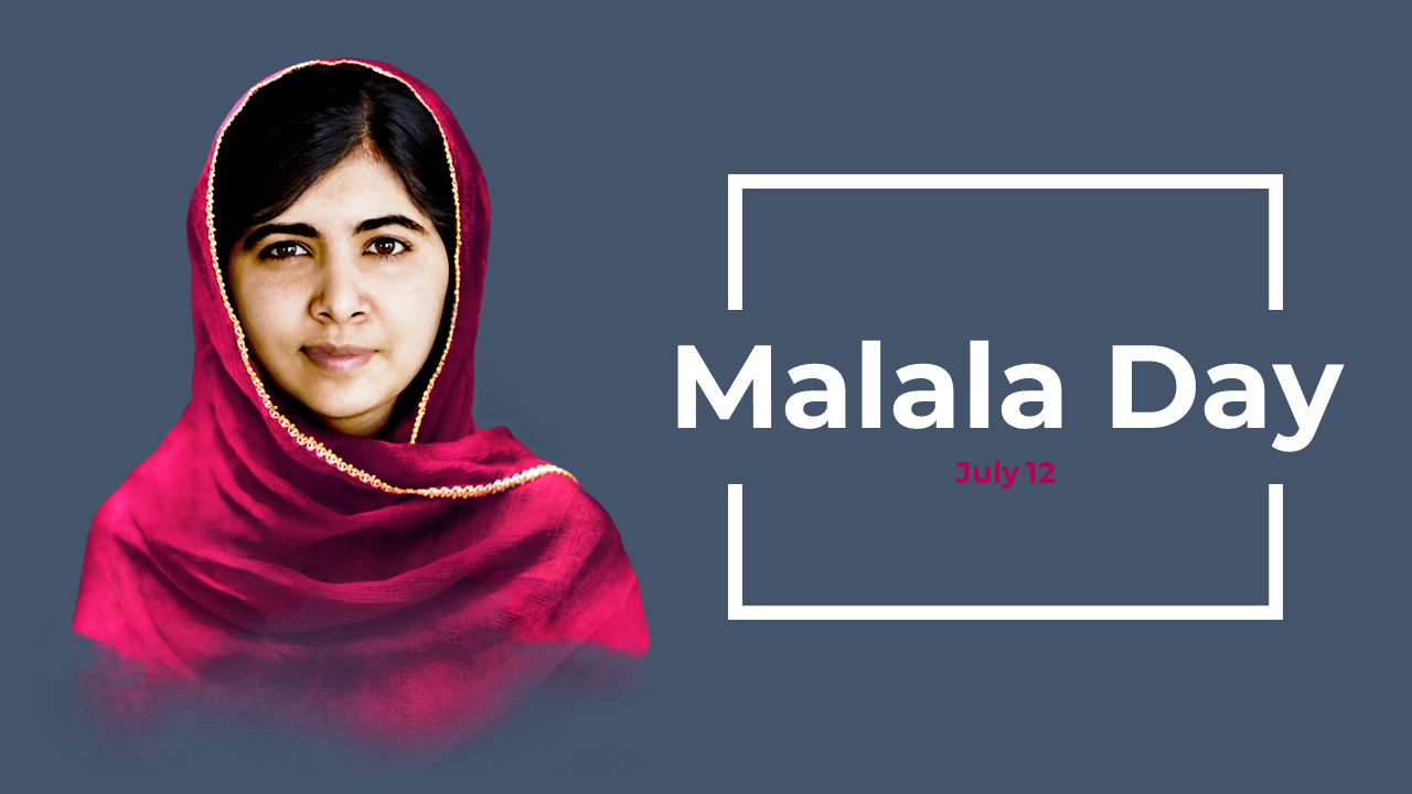 Slide deck with images of Malala Yousafzai, featuring sections on her journey, Nobel Prize, activism, and education advocacy.