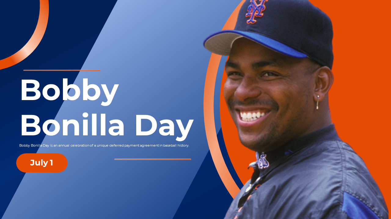 A slide deck about Bobby Bonilla day, focusing on his unique contract, payment agreement, and legacy in baseball.