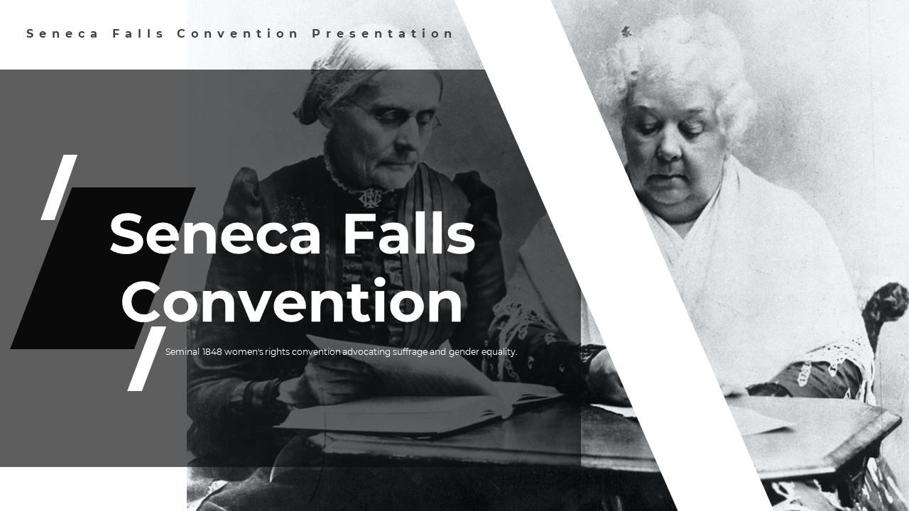 A pack of Seneca Falls Convention slides showcasing key figures and black and white images with text descriptions.