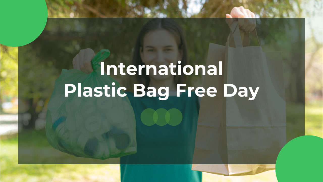 International plastic bag free day slides with images of plastic bags, and reducing its use, with green accents.