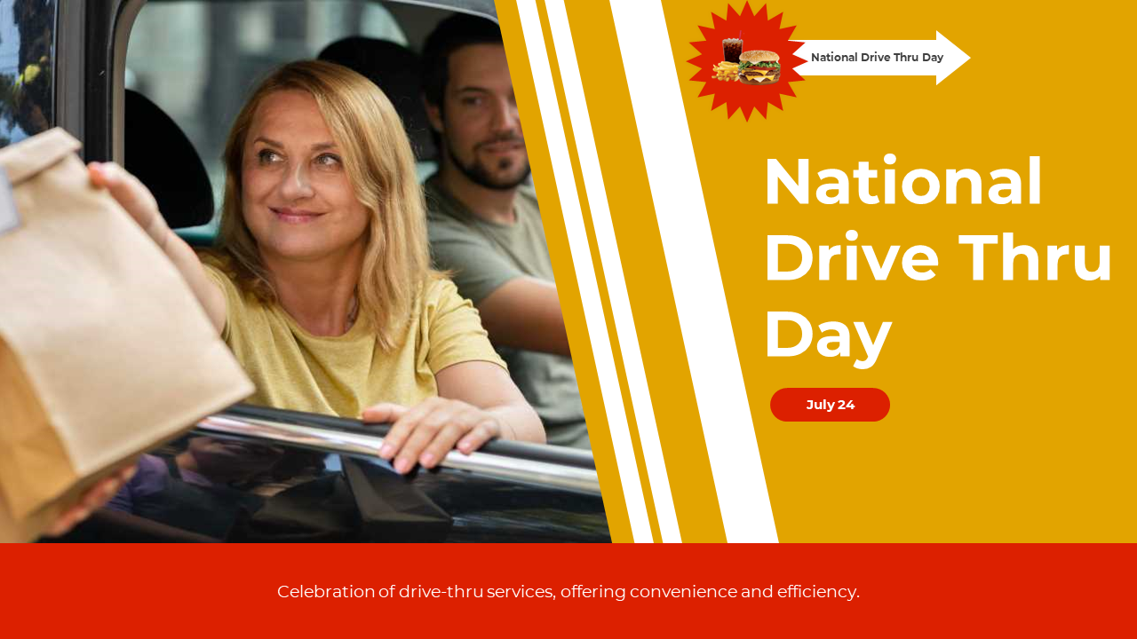 National drive thru day slide deck with images of people receiving food, banking services, and coffee through drive-thrush.