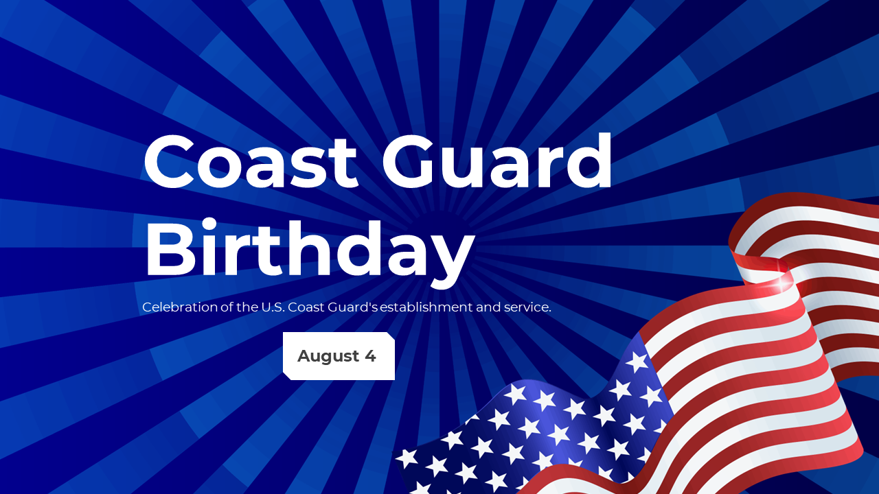 Coast Guard Birthday slides celebrating the establishment and service of the U.S. Coast Guard with images and text descriptions.