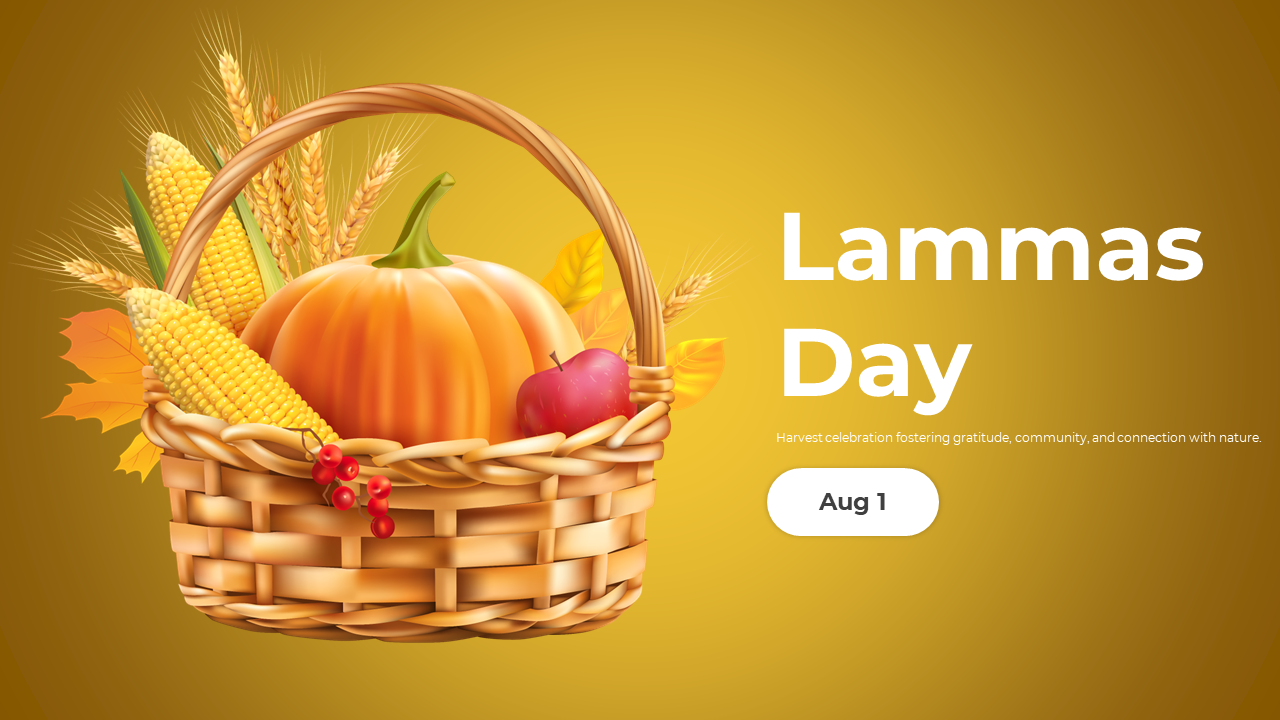 Lammas day slide deck featuring harvest symbols and sections on history, significance, and communal practices.